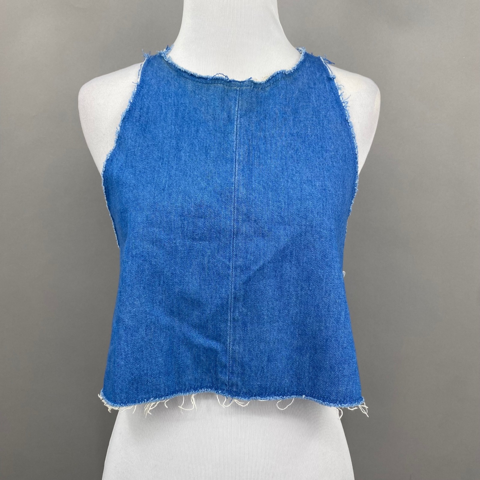 Zara Denim Crop Top Women Xs Blue Frayed Raw Hem Sleeveless Cowgirl Country